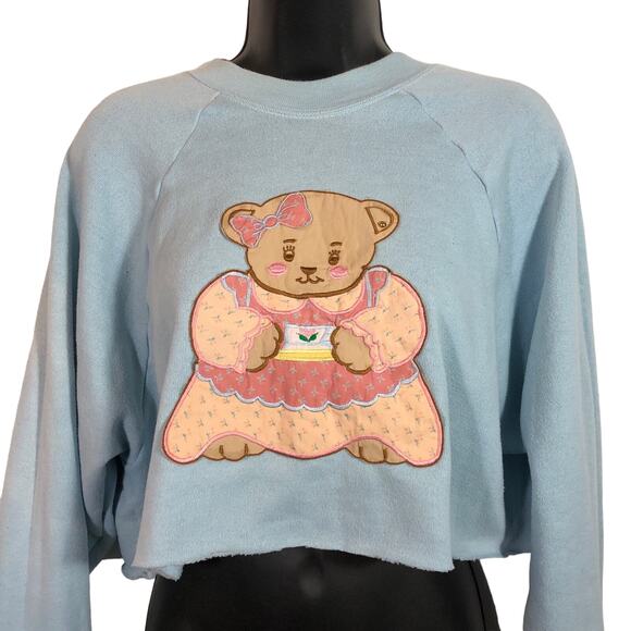 Cropped Sweatshirt Teddy Bear Applique Embroidery Light Blue Retro Vintage - Picture 1 of 10